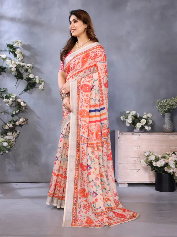 Cream_Color_Handloom_Linen_Cotton_Digital_Print_Zari_Border_Saree_(Product_Code:-80028)