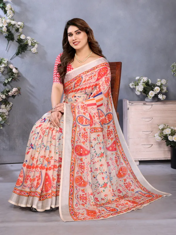 Cream_Color_Handloom_Linen_Cotton_Digital_Print_Zari_Border_Saree_(Product_Code:-80028)