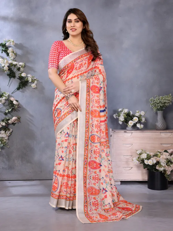 Cream_Color_Handloom_Linen_Cotton_Digital_Print_Zari_Border_Saree_(Product_Code:-80028)