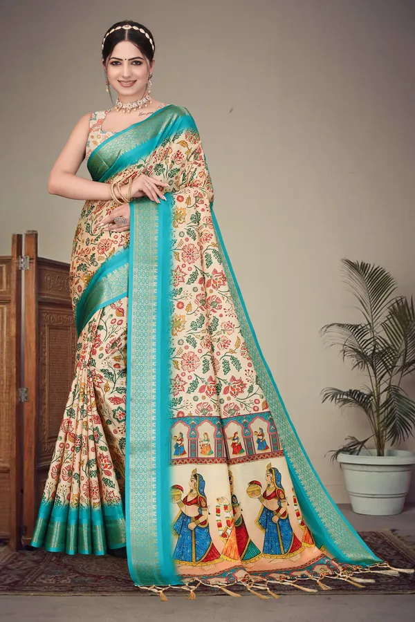 Cream_Color_Heavy_Rich_Cotton_Silk_Digital_Print_Jacquard_Border_Saree_(Product_Code:-80013)