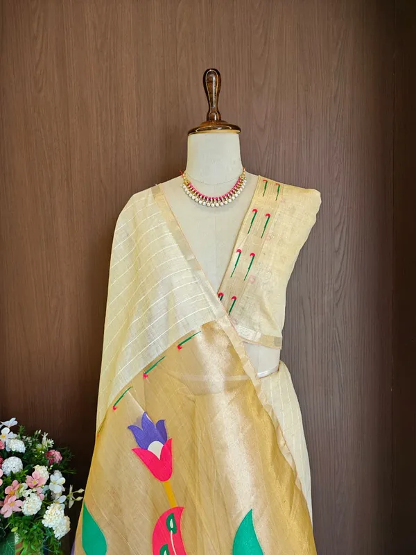 Cream_Color_Premium_Soft_Muga_Cotton_Tissue_Paithani_Saree_(Product_Code:-_130004)