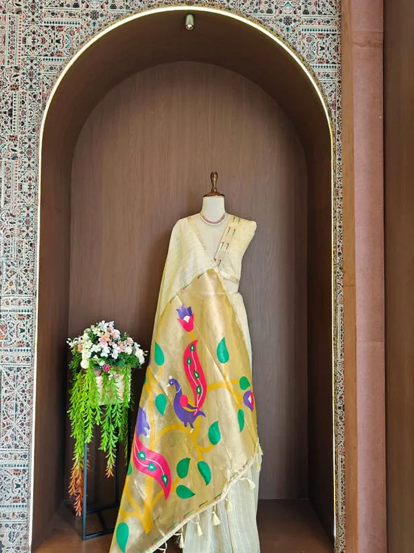 Cream_Color_Premium_Soft_Muga_Cotton_Tissue_Paithani_Saree_(Product_Code:-_130004)