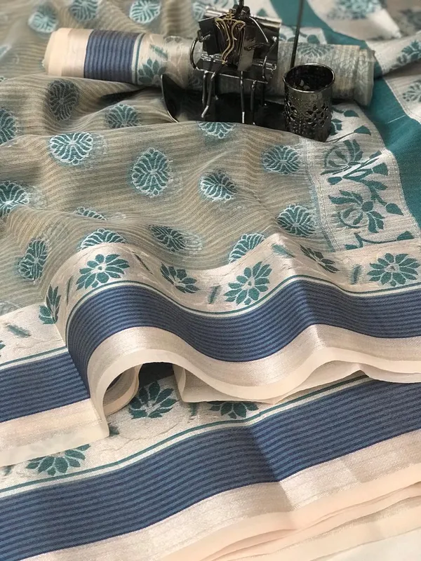 Deep_teal_Color_Pure_Organza_Silk_Jacquard_Weaving_Saree_(Product_Code_:-_60003)