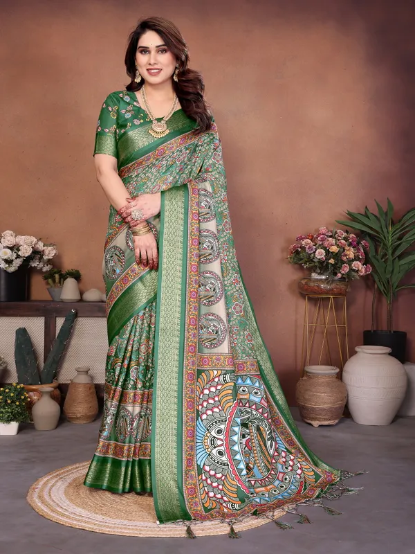 Emerald_green_Color_Heavy_Rich_Cotton_Silk_Digital_Print_Designer_Saree_(Product_Code:-80006)