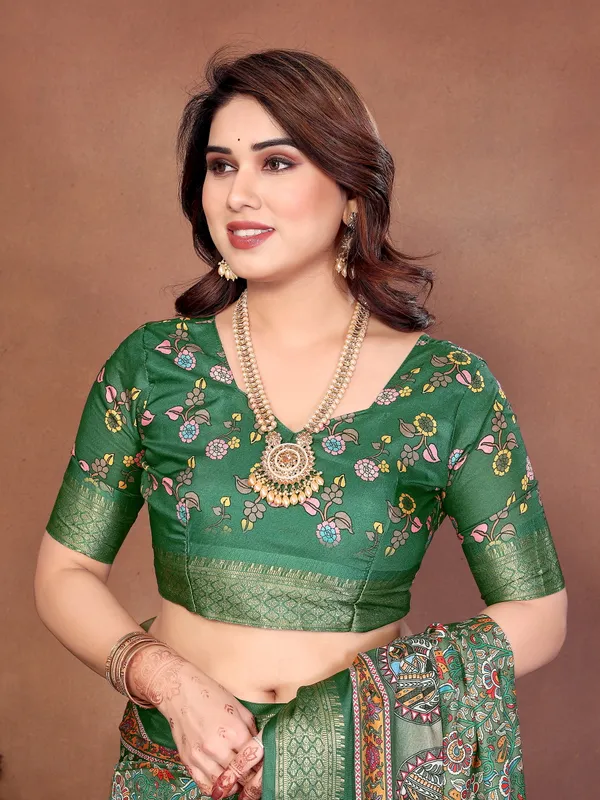 Emerald_green_Color_Heavy_Rich_Cotton_Silk_Digital_Print_Designer_Saree_(Product_Code:-80006)