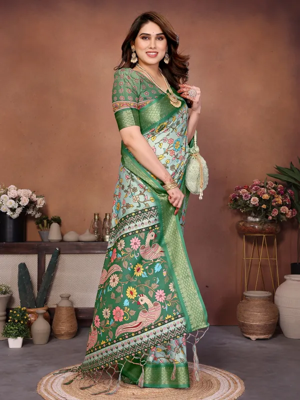 Green_Color_Heavy_Rich_Cotton_Silk_Digital_Print_Designer_Saree_(Product_Code:-80003)