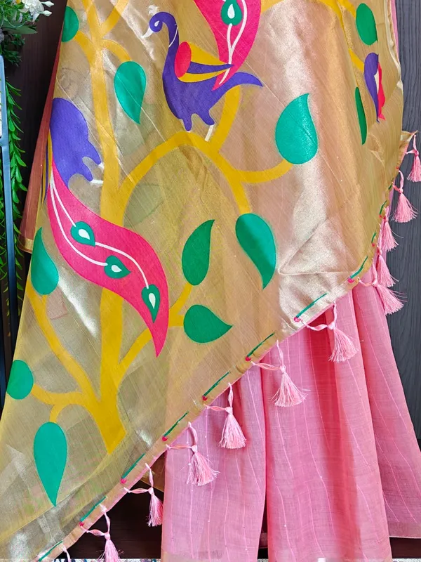 Light_Pink_Color_Premium_Soft_Muga_Cotton_Tissue_Paithani_Saree_(Product_Code:-_130003)