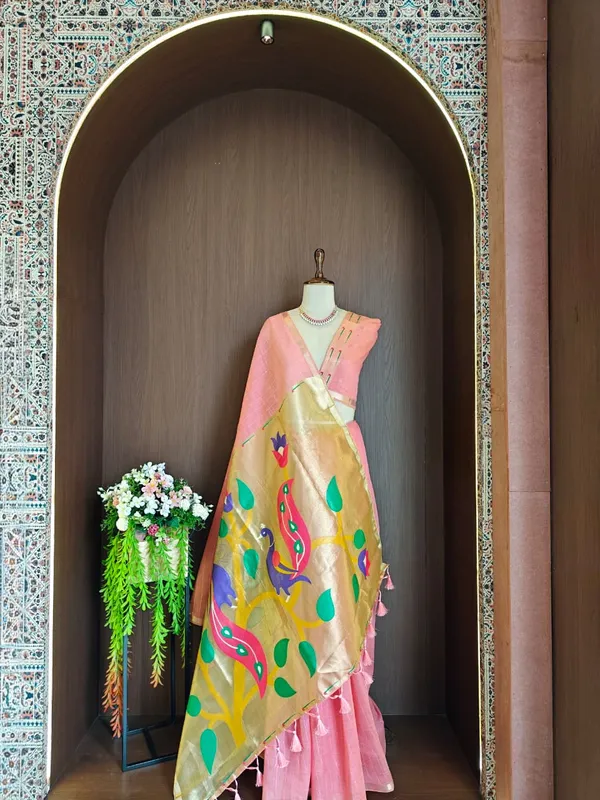 Light_Pink_Color_Premium_Soft_Muga_Cotton_Tissue_Paithani_Saree_(Product_Code:-_130003)