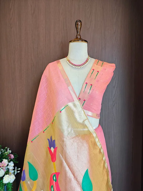 Light_Pink_Color_Premium_Soft_Muga_Cotton_Tissue_Paithani_Saree_(Product_Code:-_130003)