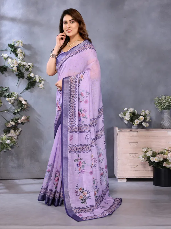 Light_Purple_Color_Handloom_Linen_Cotton_Digital_Print_Zari_Border_Saree_(Product_Code:-80029)