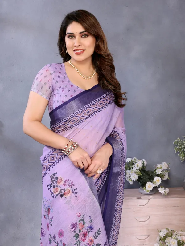 Light_Purple_Color_Handloom_Linen_Cotton_Digital_Print_Zari_Border_Saree_(Product_Code:-80029)