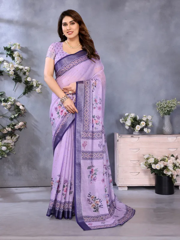 Light_Purple_Color_Handloom_Linen_Cotton_Digital_Print_Zari_Border_Saree_(Product_Code:-80029)