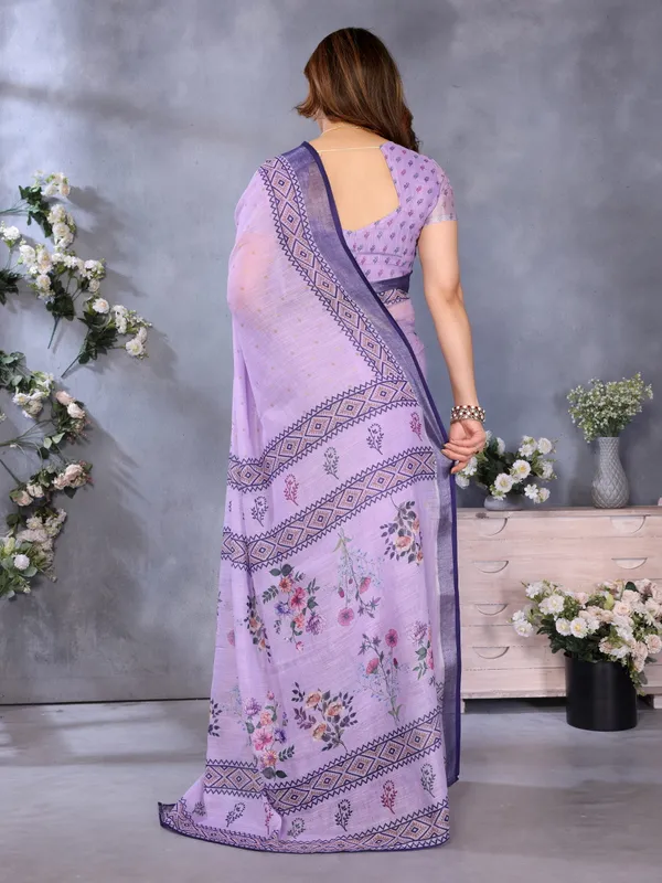 Light_Purple_Color_Handloom_Linen_Cotton_Digital_Print_Zari_Border_Saree_(Product_Code:-80029)