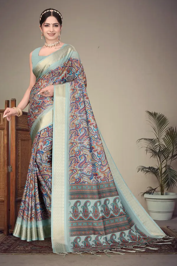 Light_blue_Color_Heavy_Rich_Cotton_Silk_Digital_Print_Jacquard_Border_Saree_(Product_Code:-80015)