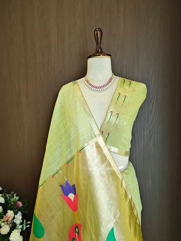 Lime_green_Color_Premium_Soft_Muga_Cotton_Tissue_Paithani_Saree_(Product_Code:-_130002)
