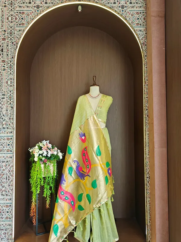 Lime_green_Color_Premium_Soft_Muga_Cotton_Tissue_Paithani_Saree_(Product_Code:-_130002)