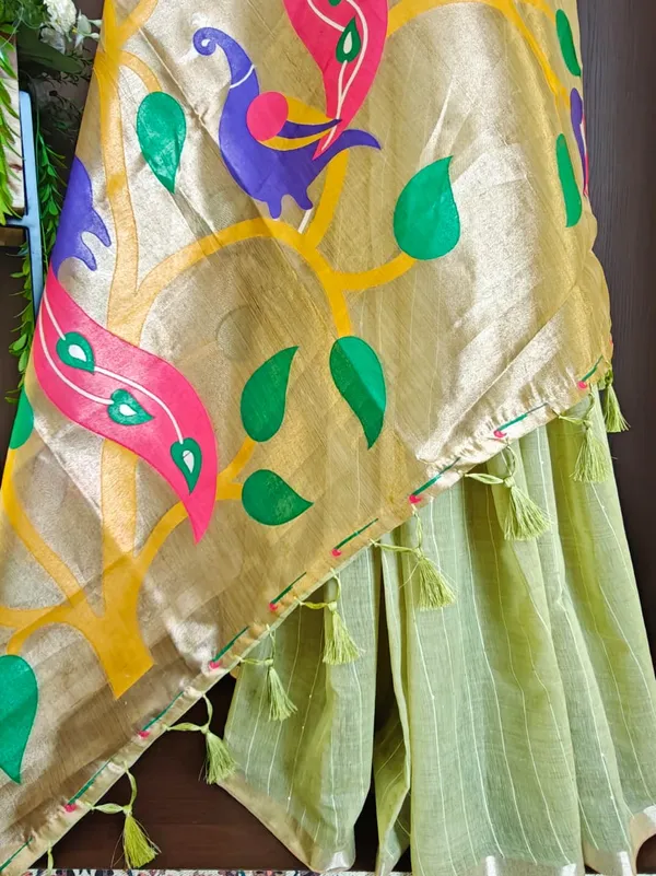 Lime_green_Color_Premium_Soft_Muga_Cotton_Tissue_Paithani_Saree_(Product_Code:-_130002)