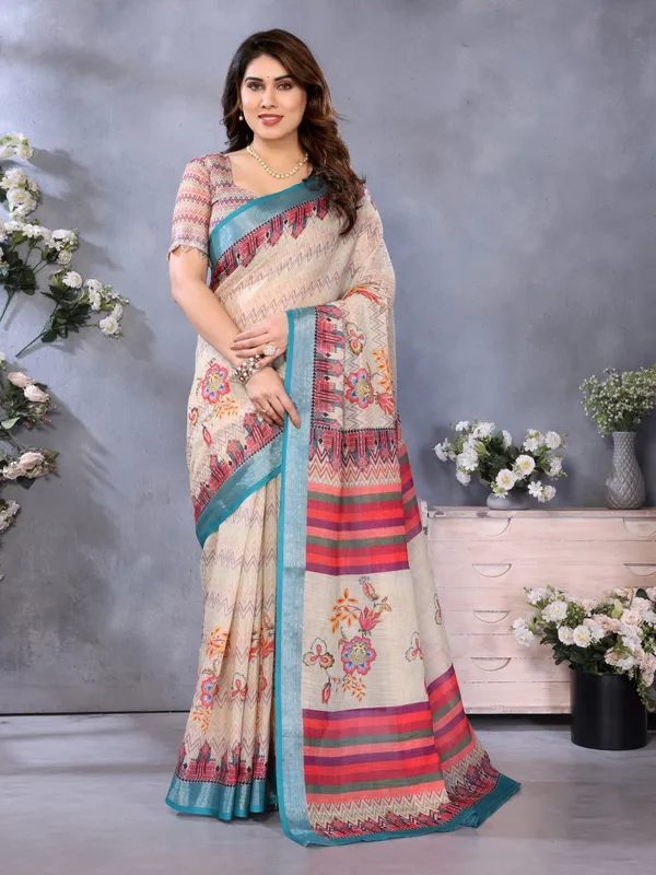 Multi_Color_Handloom_Linen_Cotton_Digital_Print_Zari_Border_Saree_(Product_Code:-80031)