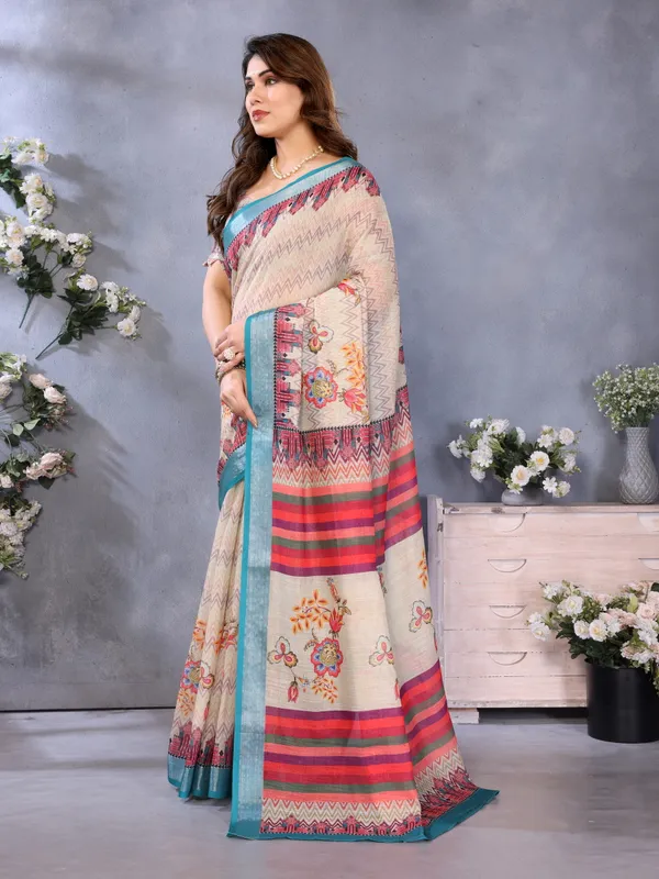 Multi_Color_Handloom_Linen_Cotton_Digital_Print_Zari_Border_Saree_(Product_Code:-80031)