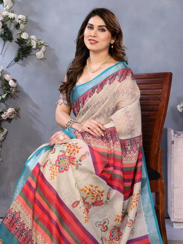 Multi_Color_Handloom_Linen_Cotton_Digital_Print_Zari_Border_Saree_(Product_Code:-80031)