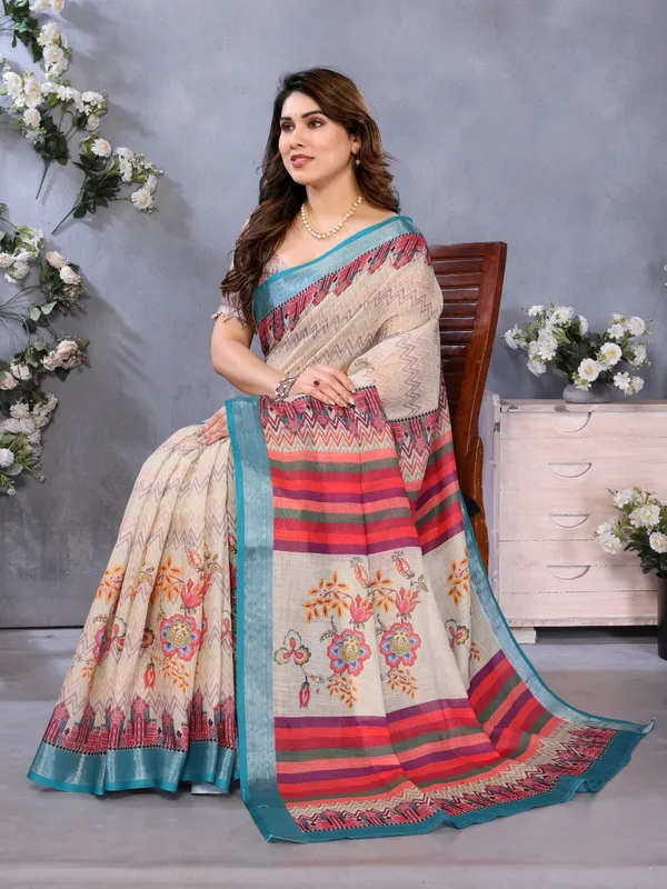 Multi_Color_Handloom_Linen_Cotton_Digital_Print_Zari_Border_Saree_(Product_Code:-80031)