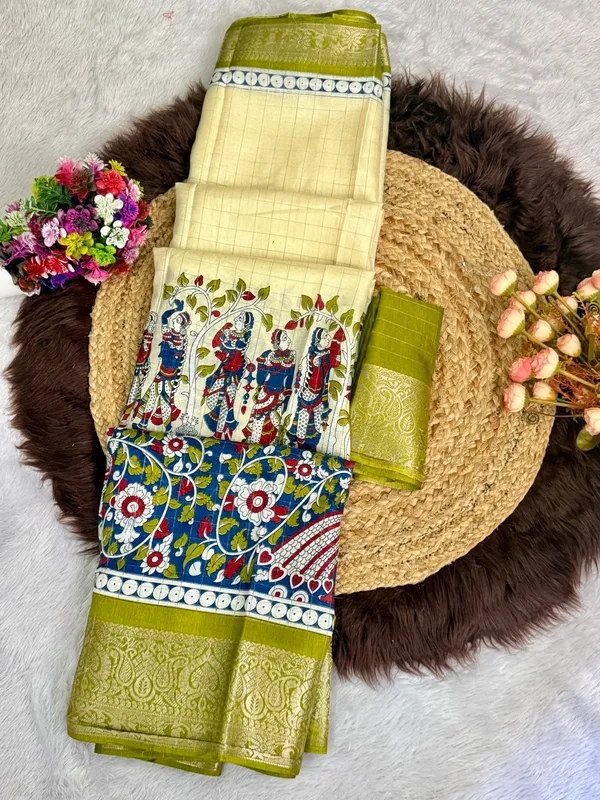 Olive_Green_Color_Premium_Soft_Dola_Kalamkari_Checked_Print_Saree_(Product_Code:-90016)