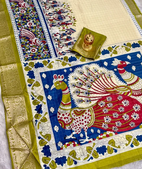 Olive_Green_Color_Premium_Soft_Dola_Kalamkari_Checked_Print_Saree_(Product_Code:-90016)