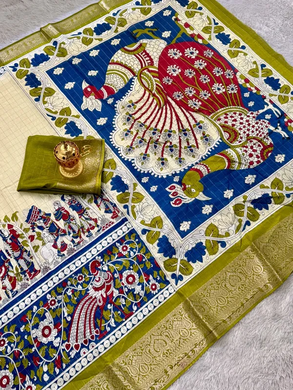 Olive_Green_Color_Premium_Soft_Dola_Kalamkari_Checked_Print_Saree_(Product_Code:-90016)