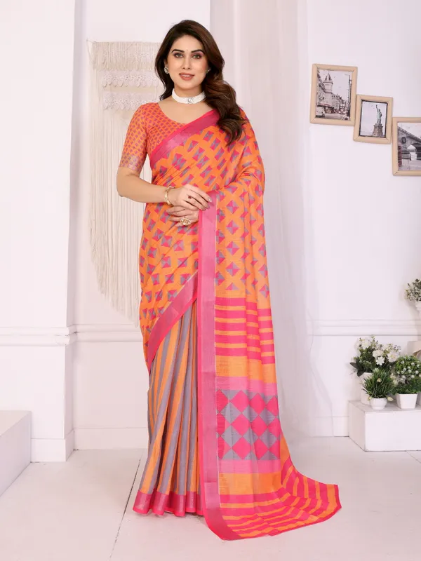Orange_Color_Handloom_Linen_Cotton_Digital_Print_Designer_Saree_(Product_Code:-80026)
