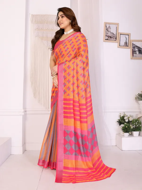 Orange_Color_Handloom_Linen_Cotton_Digital_Print_Designer_Saree_(Product_Code:-80026)