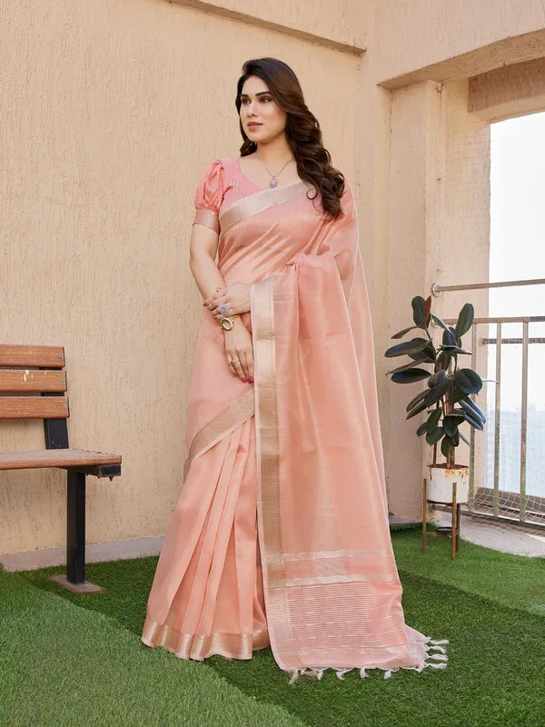 Peach_Color_Soft_Tissue_Linen_Silk_Zari_Weave_Saree_(Product_Code:-120003)