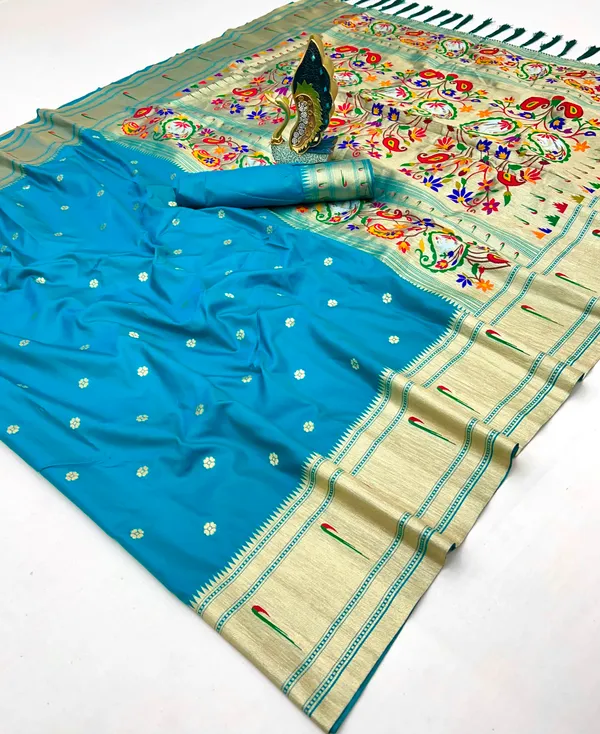 Peacock_Blue_Color_Soft_Paithani_Silk_Meenakari_Peacock_Weaving_Saree_(Product_Code:-10040)
