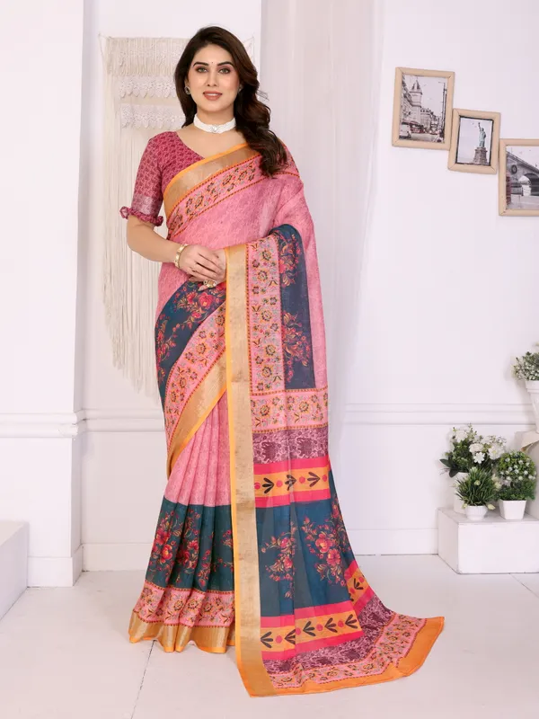 Pink_Color_Handloom_Linen_Cotton_Digital_Print_Designer_Saree_(Product_Code:-80022)