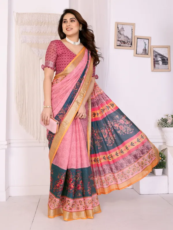 Pink_Color_Handloom_Linen_Cotton_Digital_Print_Designer_Saree_(Product_Code:-80022)
