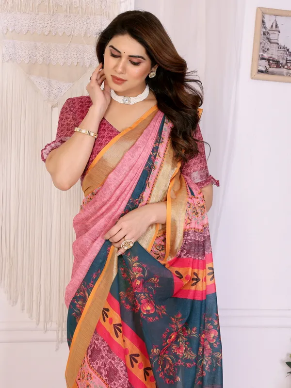 Pink_Color_Handloom_Linen_Cotton_Digital_Print_Designer_Saree_(Product_Code:-80022)