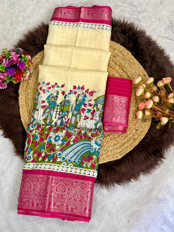 Pink_Color_Premium_Soft_Dola_Kalamkari_Checked_Print_Saree_(Product_Code:-90014)