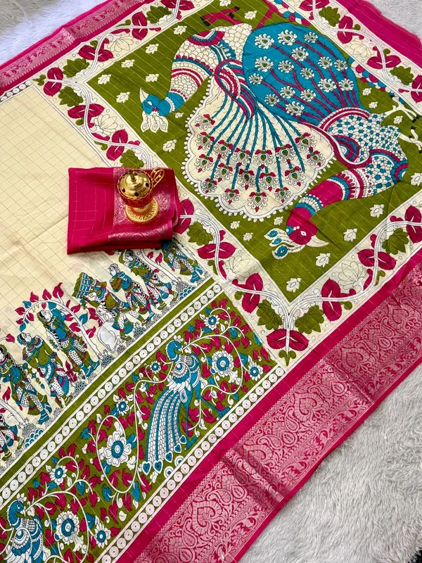 Pink_Color_Premium_Soft_Dola_Kalamkari_Checked_Print_Saree_(Product_Code:-90014)