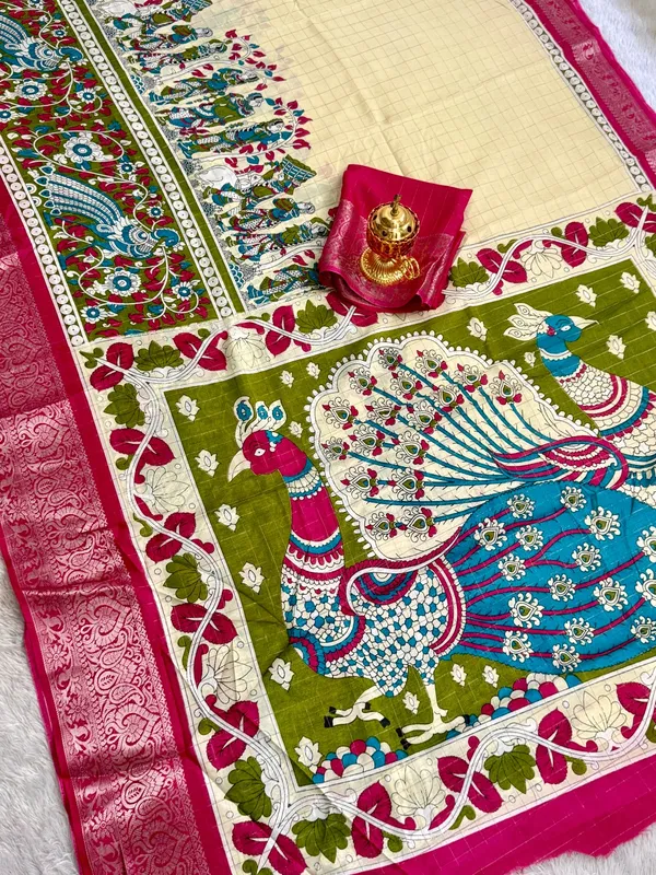 Pink_Color_Premium_Soft_Dola_Kalamkari_Checked_Print_Saree_(Product_Code:-90014)