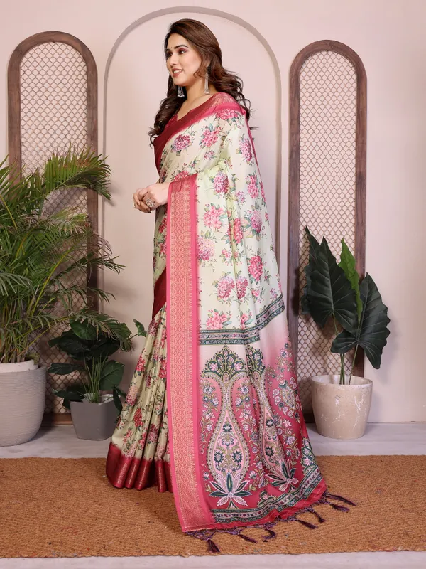 Pink-White_Color_Premium_Cotton_Silk_Floral_Print_Designer_Saree_(Product_Code:-80010)