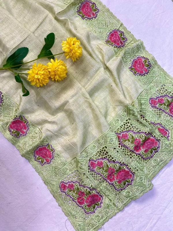 Pista_Green_Color_Soft_Tussar_Silk_Embroidered_Cutwork_Designer_Saree_(Product_Code_:-_110018_)