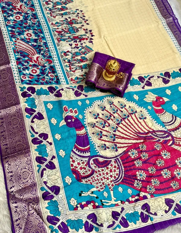 Purple_Color_Premium_Soft_Dola_Kalamkari_Checked_Print_Saree_(Product_Code:-90012)