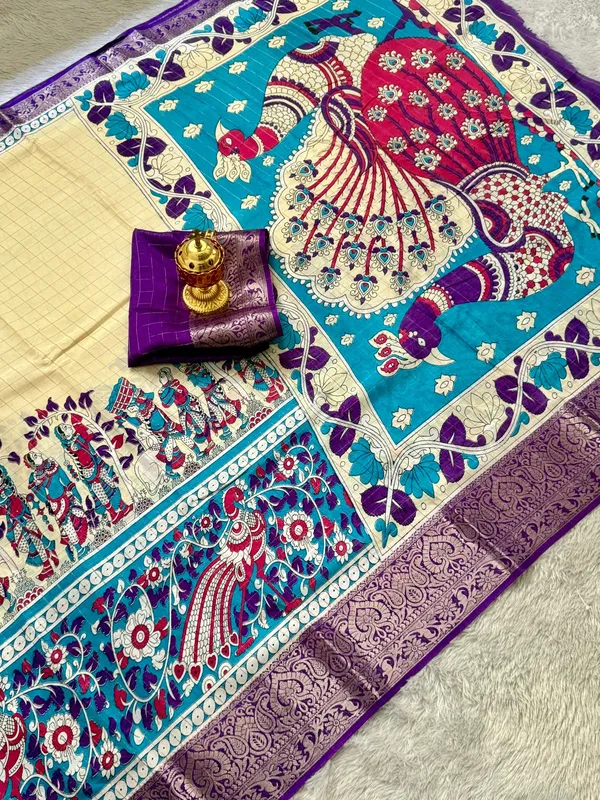 Purple_Color_Premium_Soft_Dola_Kalamkari_Checked_Print_Saree_(Product_Code:-90012)