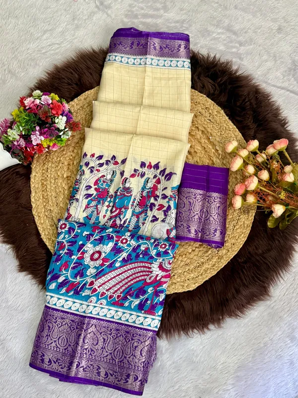 Purple_Color_Premium_Soft_Dola_Kalamkari_Checked_Print_Saree_(Product_Code:-90012)