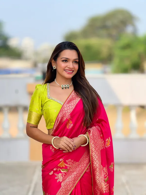 Rani_Pink_Color_Pure_Viscose_Dola_Silk_Elephant_&_Peacock_Meenakari_Saree_(Product_Code:-_90010)