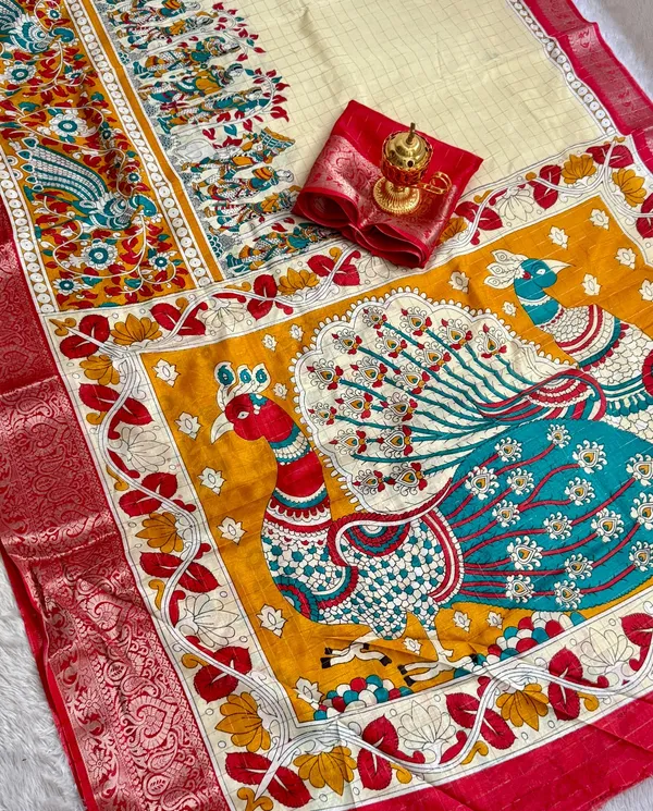Red_Color_Premium_Soft_Dola_Kalamkari_Checked_Print_Saree_(Product_Code:-90011)