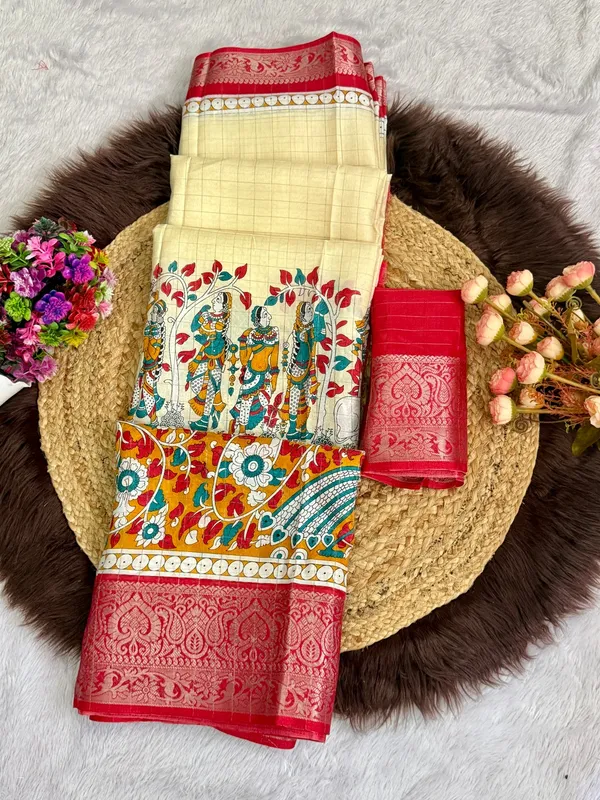 Red_Color_Premium_Soft_Dola_Kalamkari_Checked_Print_Saree_(Product_Code:-90011)