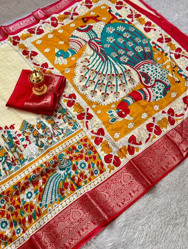 Red_Color_Premium_Soft_Dola_Kalamkari_Checked_Print_Saree_(Product_Code:-90011)