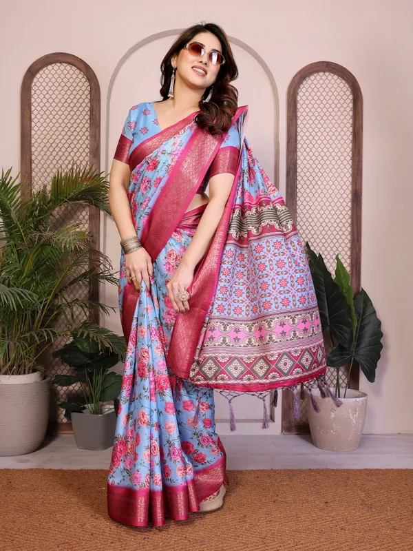 Sky_Blue_Color_Premium_Cotton_Silk_Floral_Print_Designer_Saree_(Product_Code:-80008)