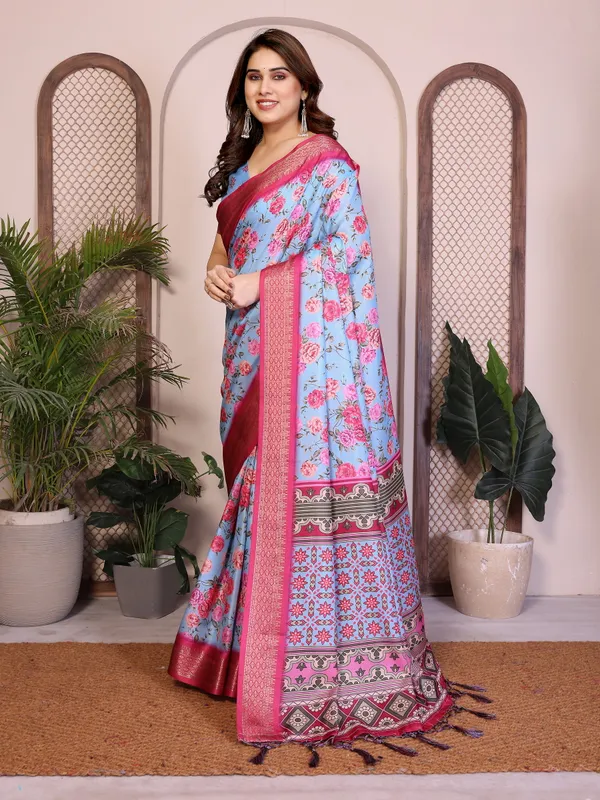 Sky_Blue_Color_Premium_Cotton_Silk_Floral_Print_Designer_Saree_(Product_Code:-80008)