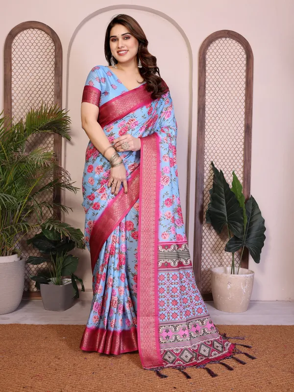 Sky_Blue_Color_Premium_Cotton_Silk_Floral_Print_Designer_Saree_(Product_Code:-80008)